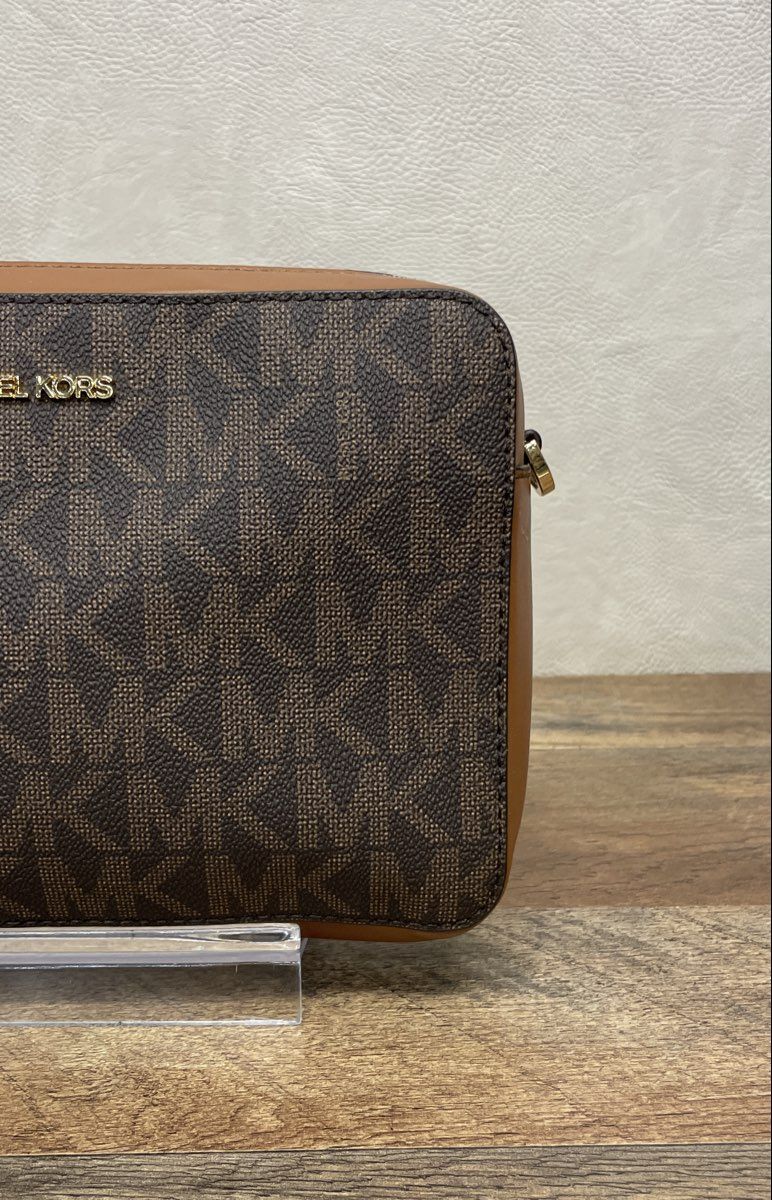 Michael Kors Brown Logo Jet Set Large Crossbody Camera Bag Gold Hardware