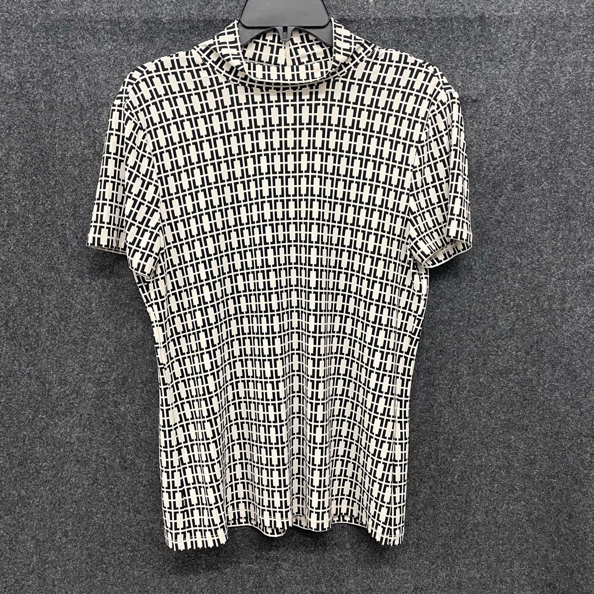 Anne Klein Women's Black White Geometric Mock Neck Short Sleeve Shirt Sz M