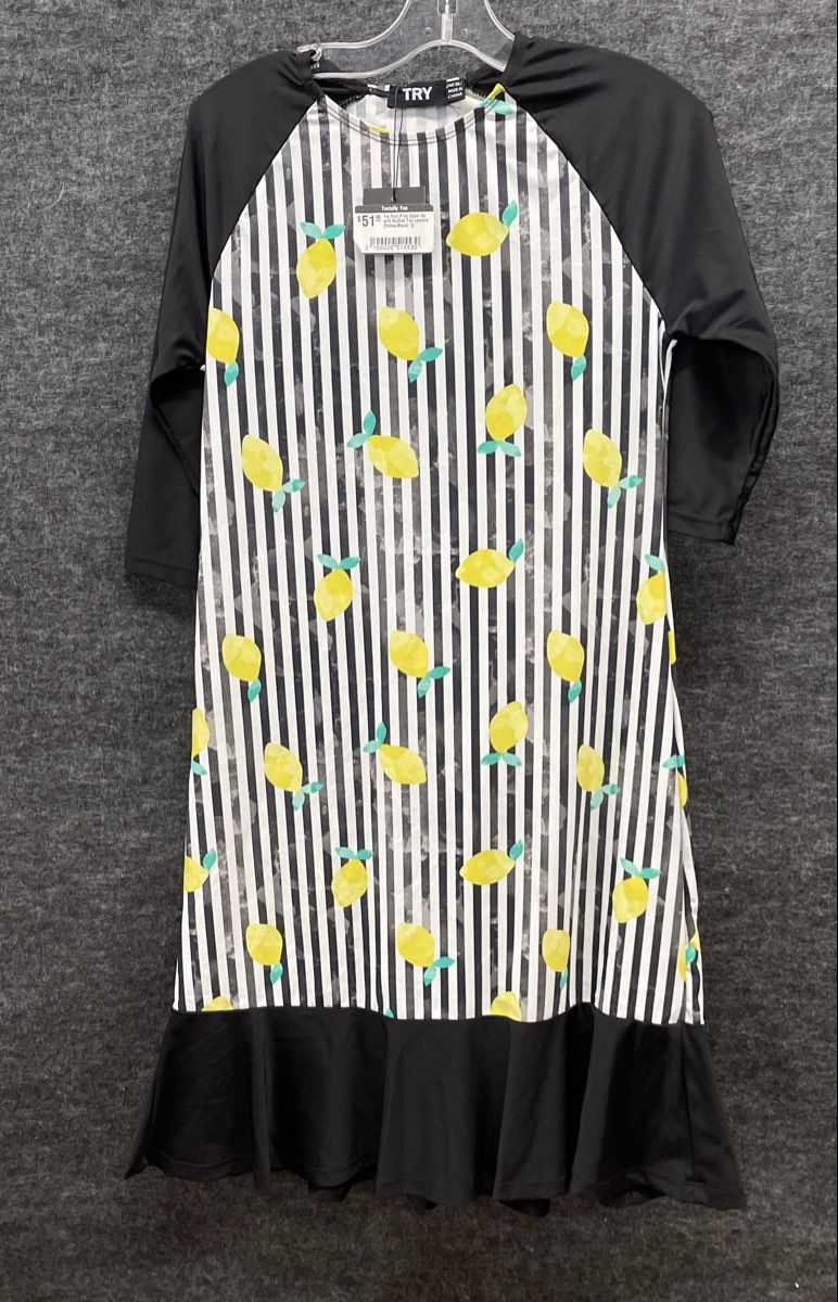 TRY Women's Lemon Print Cover Up Dress Black White Ruffled Hem NWT Sz 12