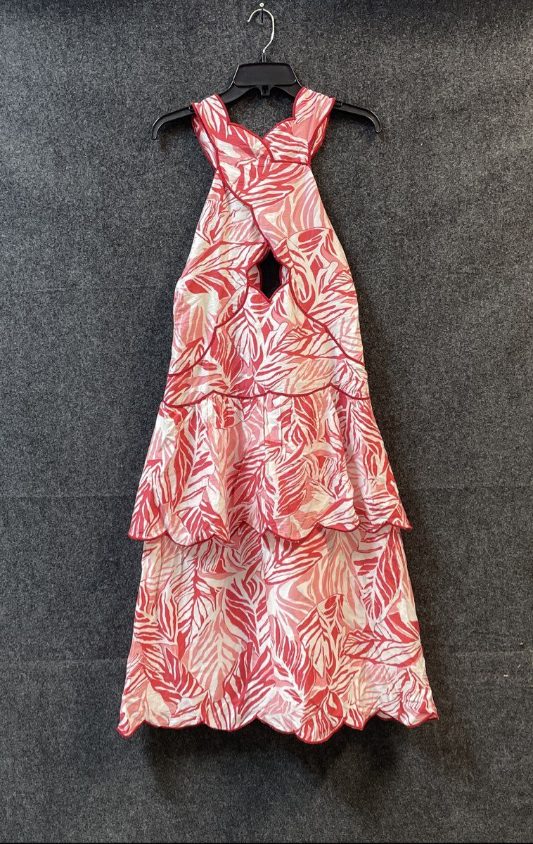 Fate Women's The Paradise Tiered Midi Dress Red White Scalloped NWT Sz L