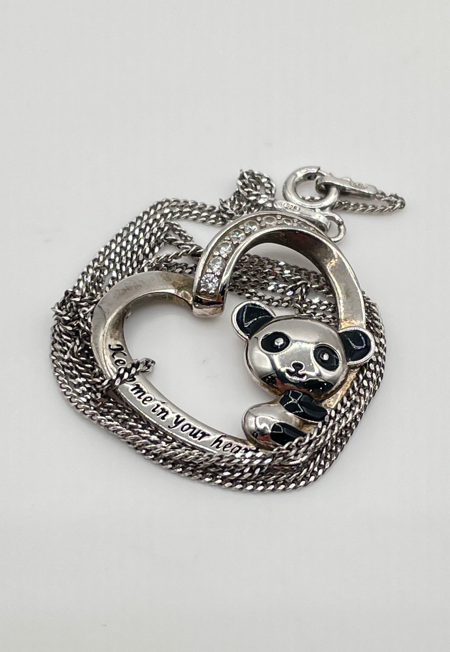 925 Sterling Silver Panda Heart w/ CZ Accents Pendant Necklace 4.3g