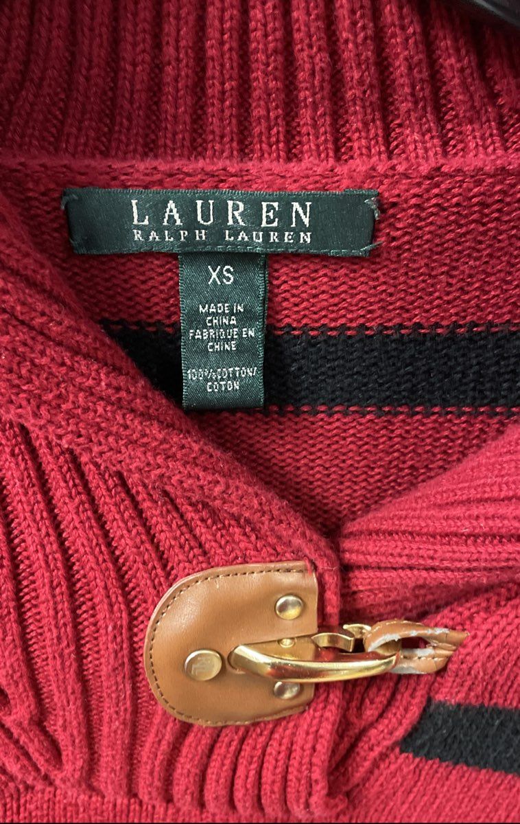Lauren Ralph Lauren Women's Red Black Striped Shawl Collar Toggle Sweater Sz XS