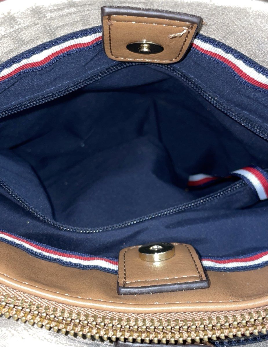 Tommy Hilfiger Tan Monogram Jacquard Crossbody Tote Bag Gold Tone Hardware