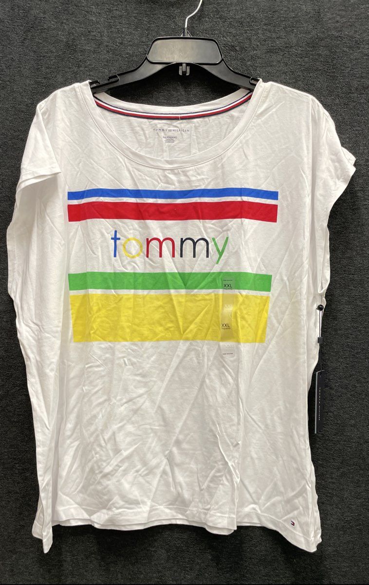 Tommy Hilfiger Women's White Striped Multi-color Logo Graphic T-Shirt NWT XXL