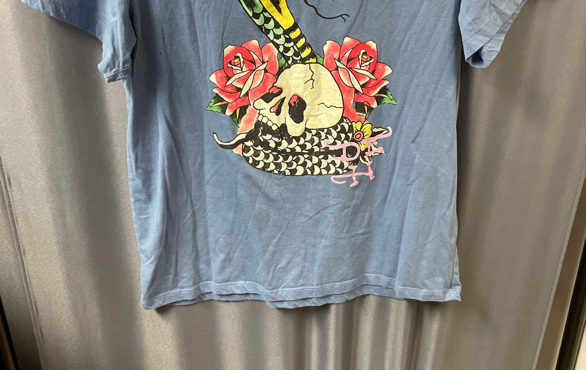 Ed Hardy Skull Cobra Roses Tattoo Graphic Blue T-Shirt Double Stitch Sz M