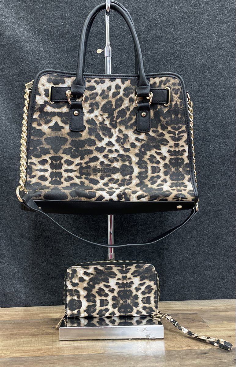 Dasein Cheetah Print Black Leather Satchel Purse and Wallet Set Lot of 2