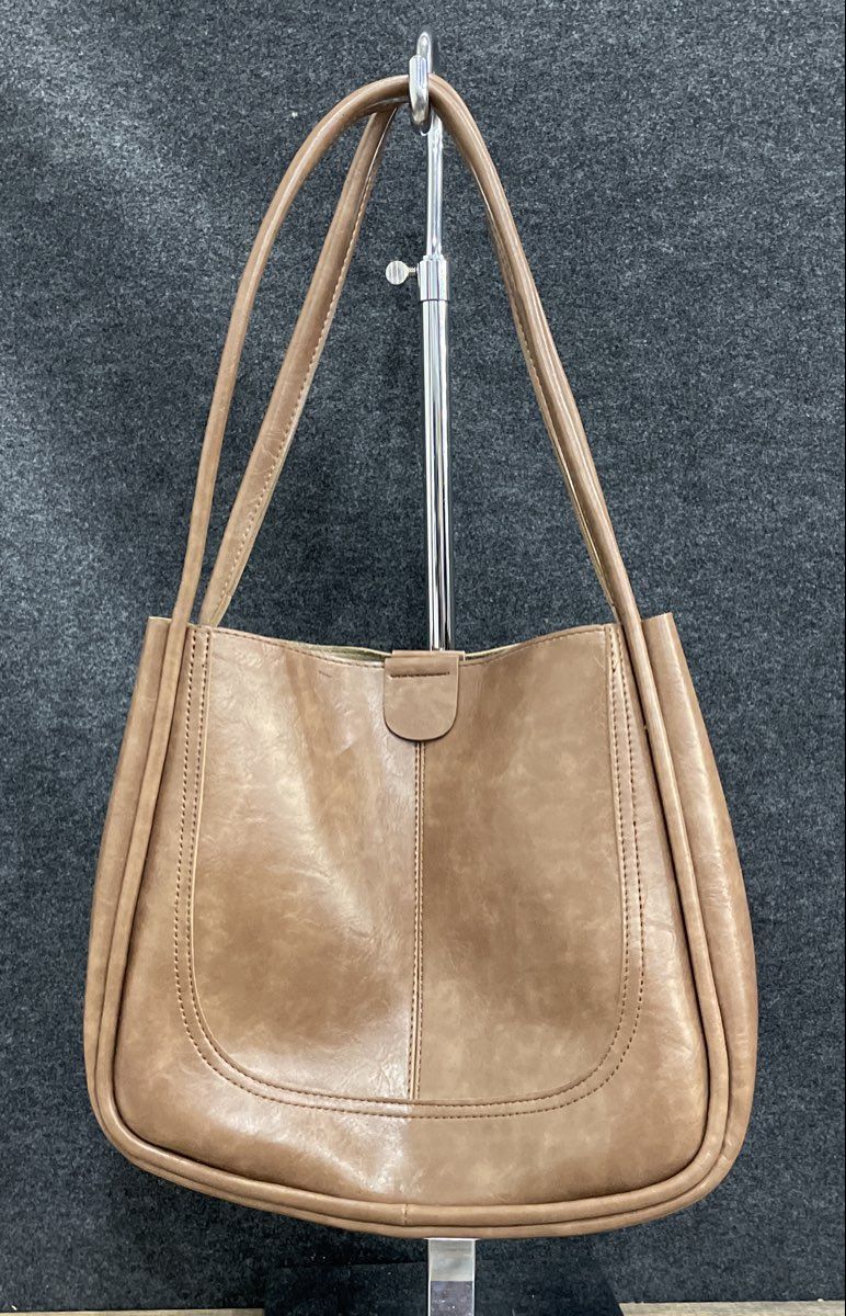 Unbranded Brown Leather Minimalist Shoulder Bag Tote Brass Magnetic