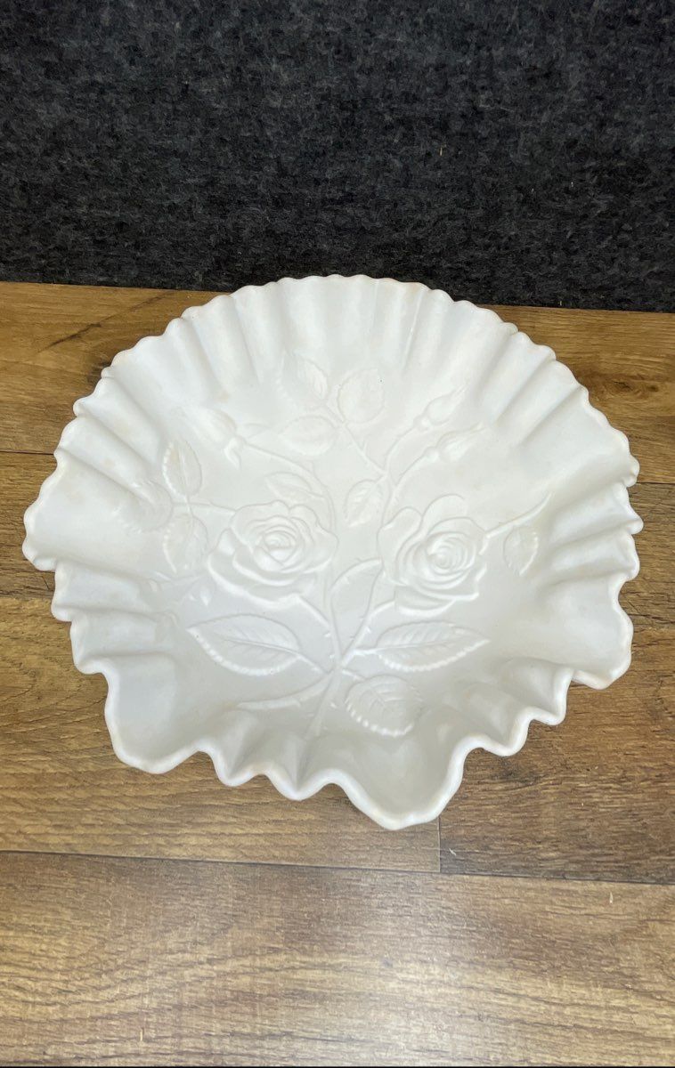 Satin Glass White Rose Pattern Ruffled Bowl 9 Inch Vintage