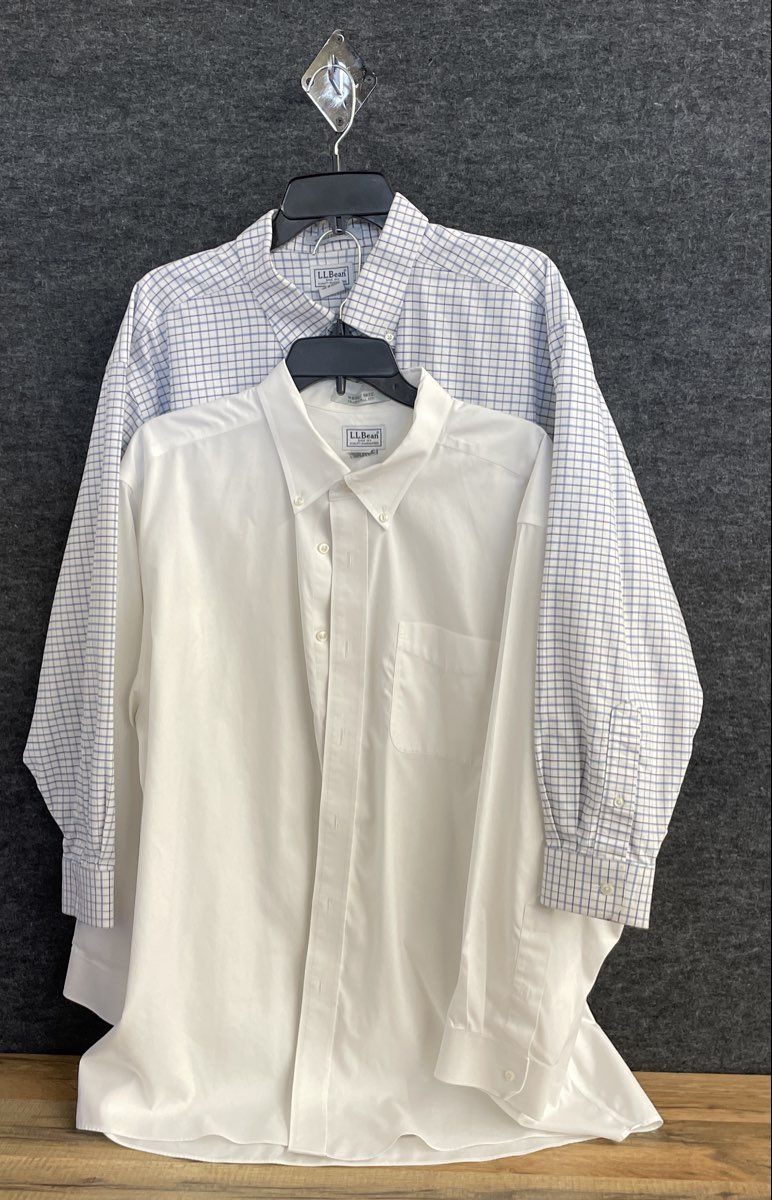 L.L. Bean Men's 2 Pack Wrinkle-Free Dress Shirts White Blue Check Size 18-33