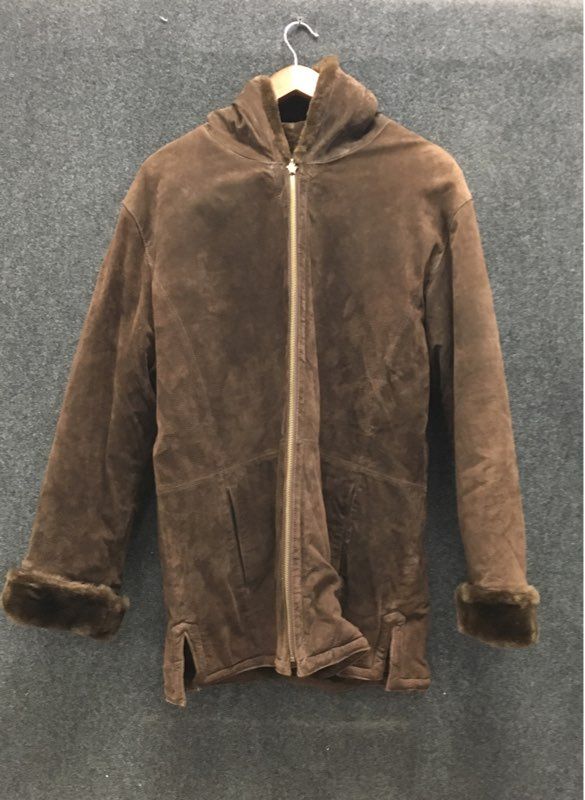 St. Johns Bay Women's Brown Washable Suede Hooded Faux Fur Jacket Sz L