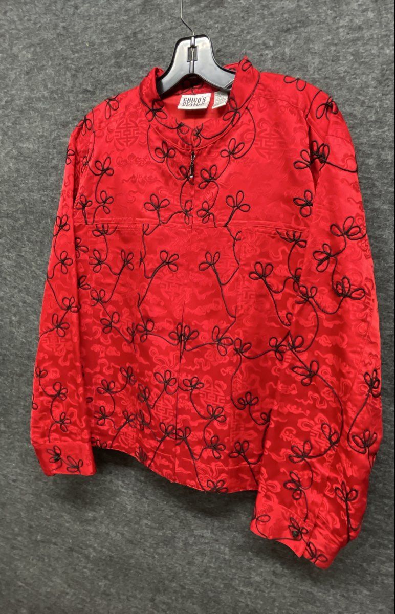 Vintage Y2K Chico's Design Women's Red Silk Embroidered Mandarin Jacket Sz 3