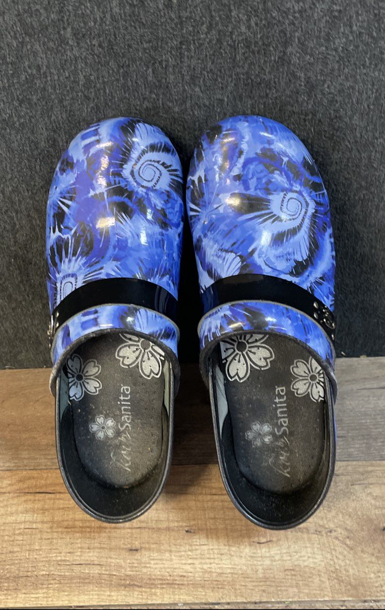 Sanita Koi Professional Blue Abstract Swirl Leather Clogs Women's Size 38