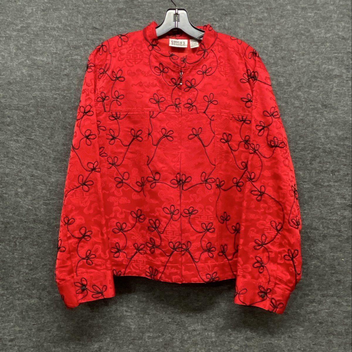 Vintage Y2K Chico's Design Women's Red Silk Embroidered Mandarin Jacket Sz 3