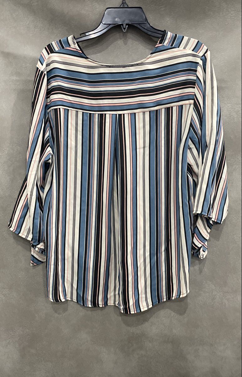 W5 Women's Blouse Blue White Pink Black Striped Wrap Front 3/4 Sleeve XL