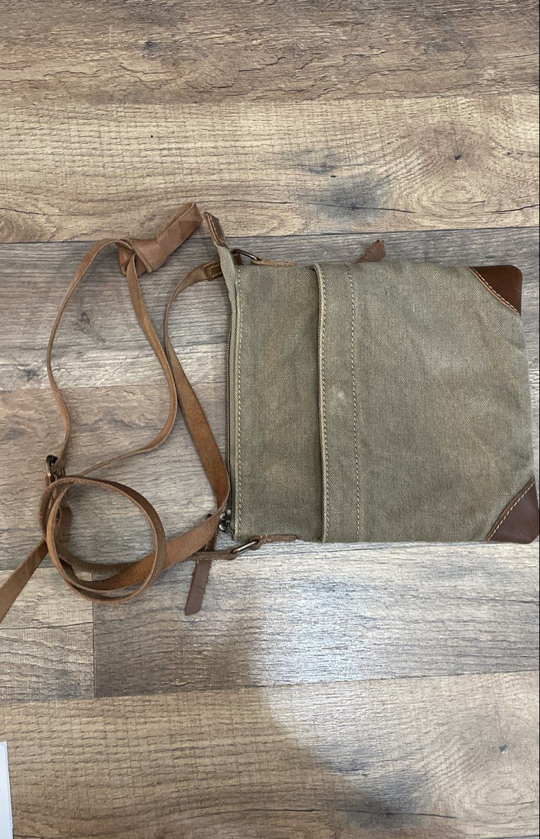 Cargo ii Khaki Canvas Brown Leather Crossbody Bag Utility Pockets