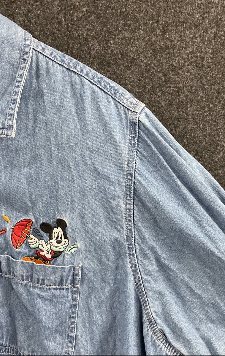 Vintage 90s Mickey Unlimited Embroidered Denim Button Up Shirt Sz 26W/28W