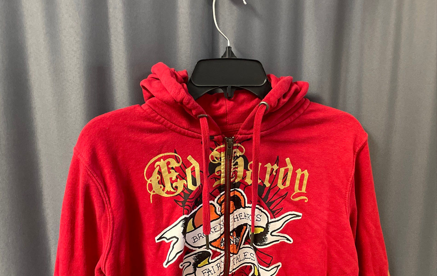 Ed Hardy Women's Red Broken Hearts Tattoo Graphic Eagle Crop Zip Up Hoodie Sz XL