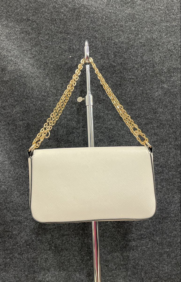 White Leather Envelope Mini Purse Shoulder Bag Triple Gold Chain Strap
