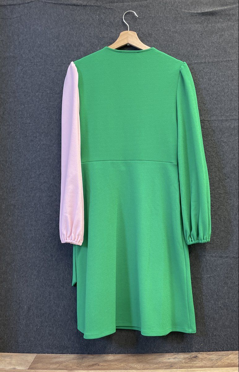 Kasper Women's Green Pink Two Tone Faux Wrap Long Sleeve V-Neck Dress Sz S