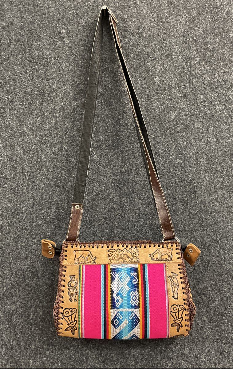Handcrafted Chilean Tooled Leather Woven Textile South American Crossbody Bag