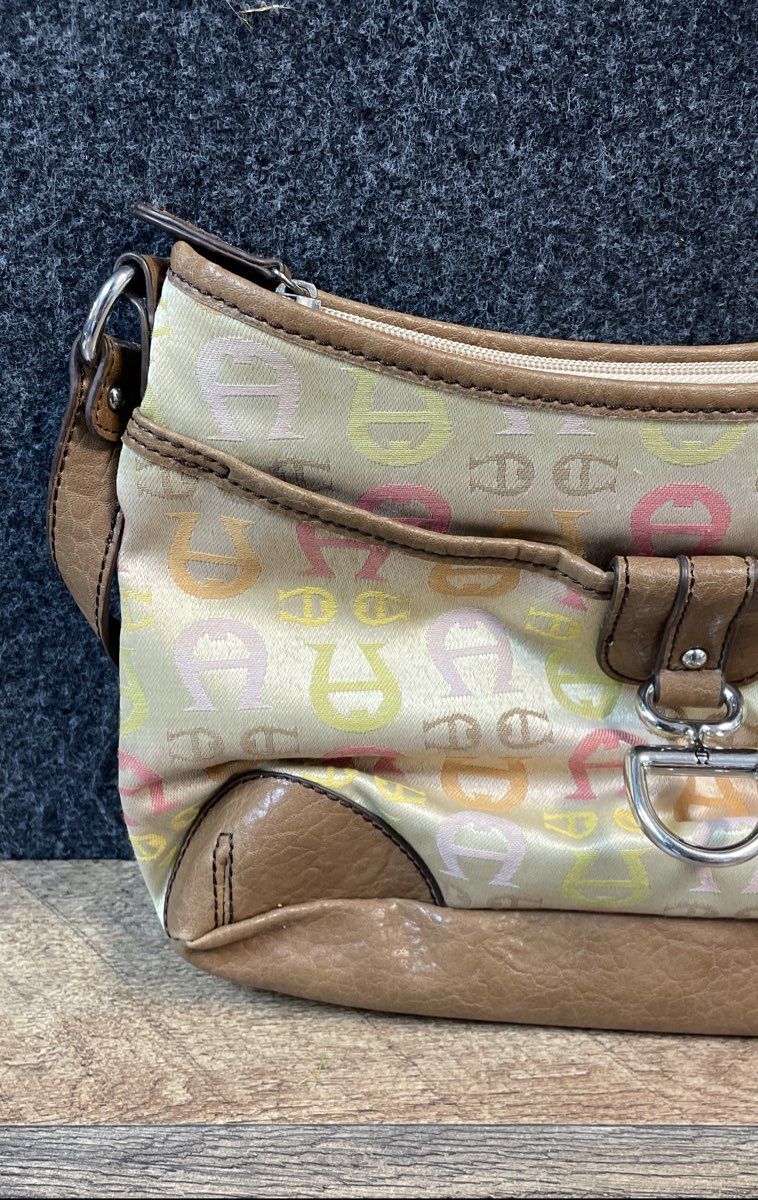 Etienne Aigner Tan Multicolor Monogram Logo Canvas Shoulder Bag Purse
