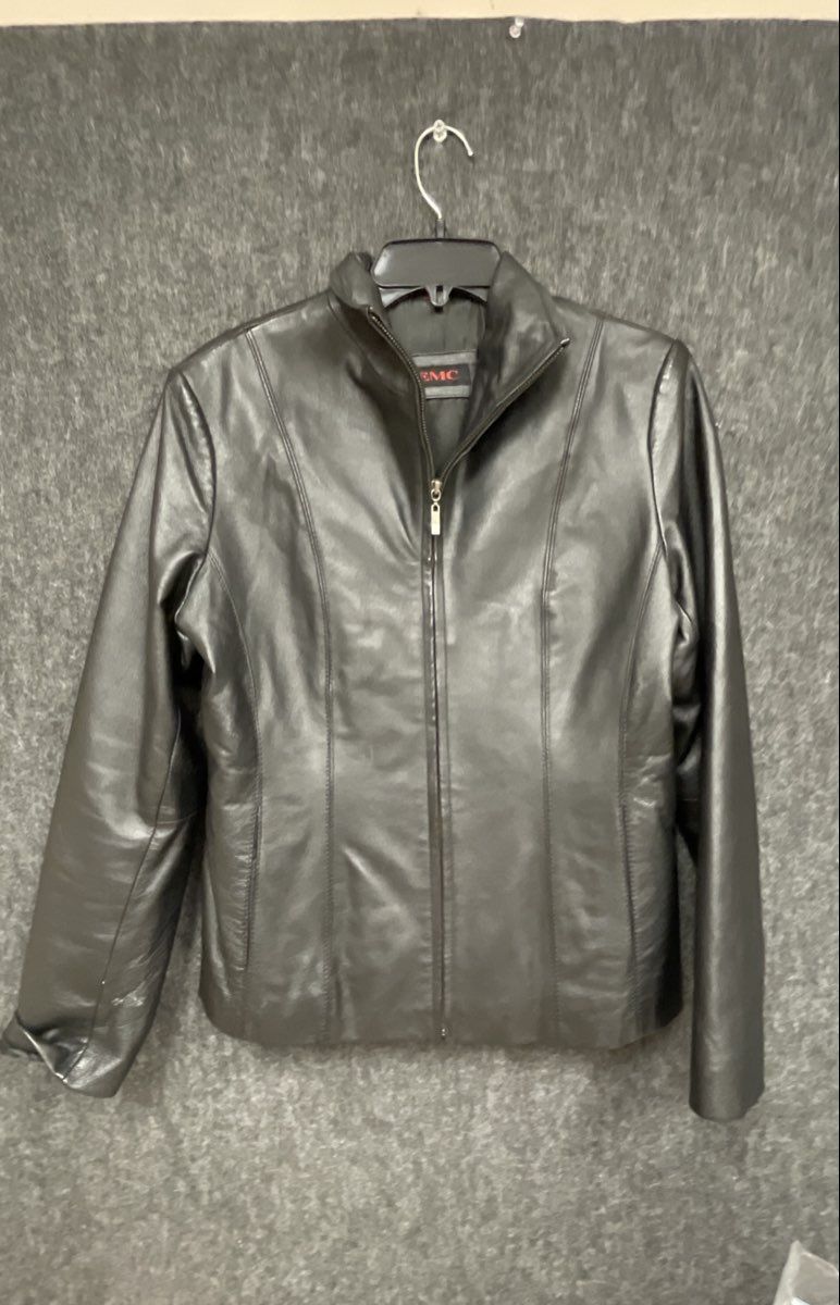 EMC Women's Black Leather Full Zip Stand Collar Tailored Jacket Sz S
