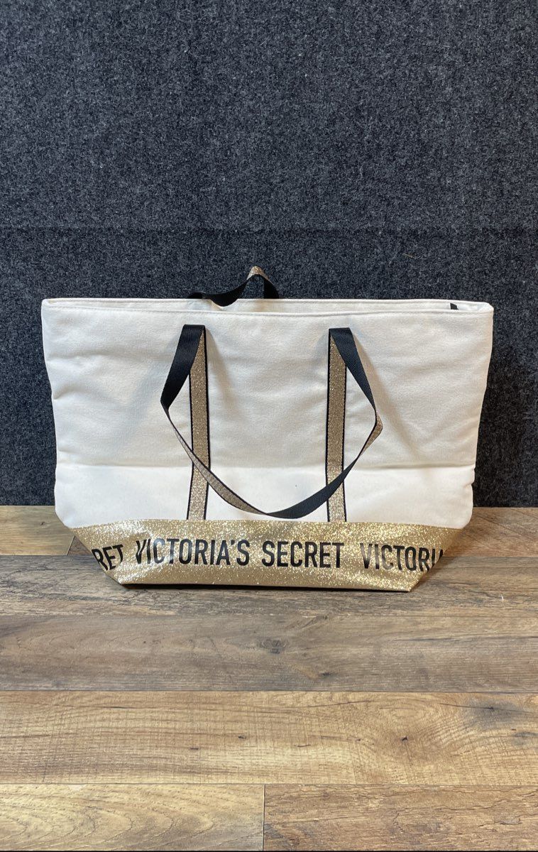 Victoria's Secret Cream Gold Glitter Canvas Large Tote Shoulder Bag Handbag NWT