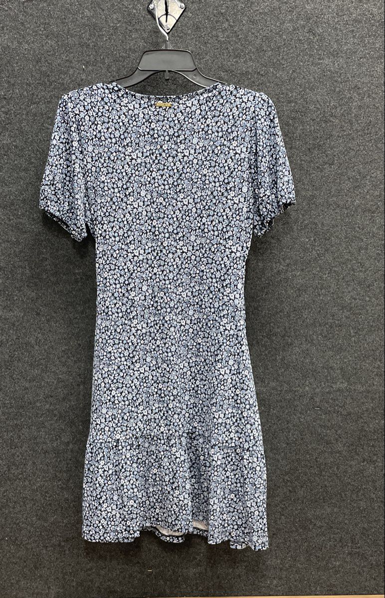 Michael Kors Women's Blue White Floral Faux Wrap Ruffle Hem Short Sleeve Dress M