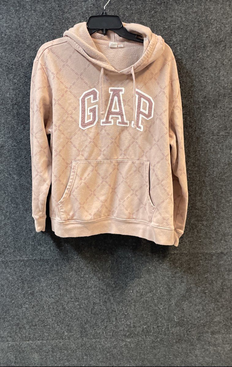 Gap Women's Dusty Rose All Over Logo Print Pullover Hoodie Sz XL