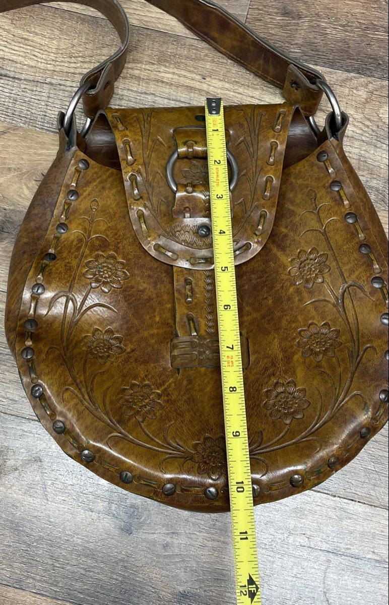 Vintage 1970s Brown Tooled Leather Floral Handmade Shoulder Bag