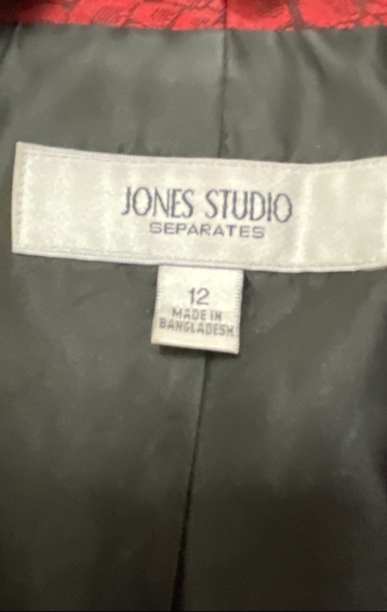 Jones Studio Women's Red Black Textured Jacquard Mandarin Collar Blazer Sz 12