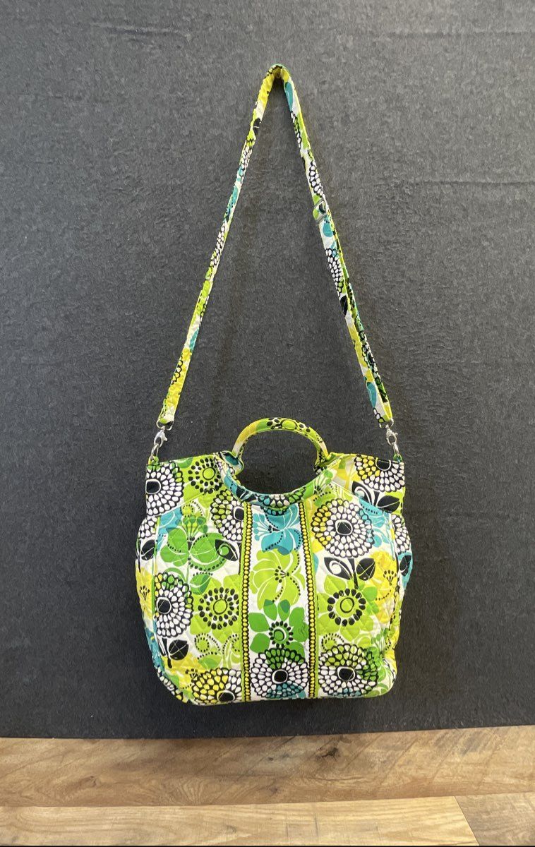 Vera Bradley Lime Green Teal Floral Quilted Cotton Large Tote Crossbody Bag