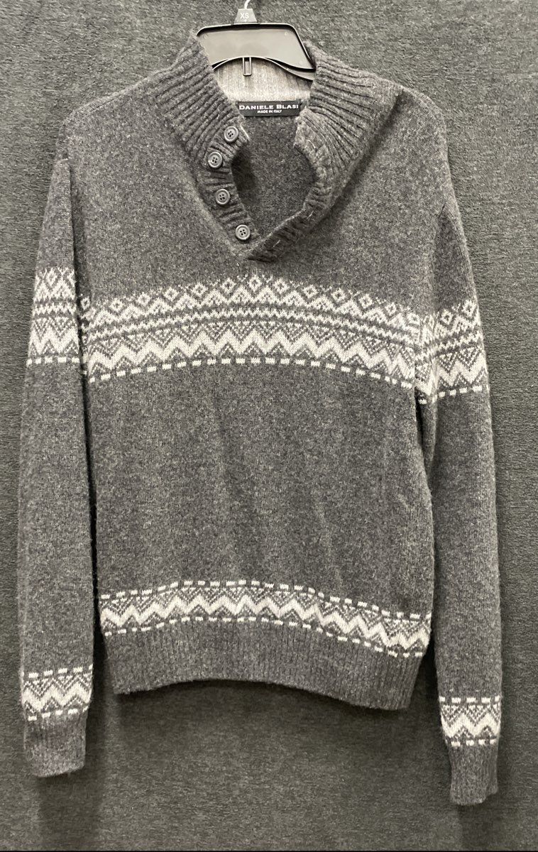 Daniele Blasi Men's Gray Wool Blend Fair Isle Henley Mock Neck Sweater Size M