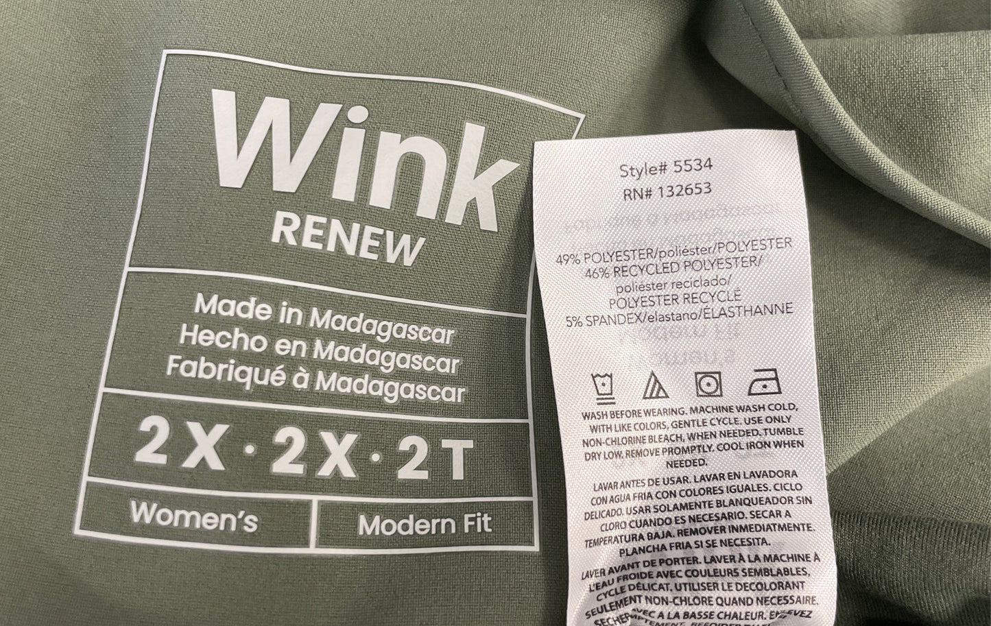 Wink Women's Renew Scrub Set Olive Green Modern Fit Top Pants Sz 2X NWT
