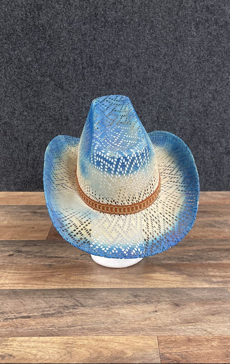 Sombreros Joaquin Men's Blue Cream Ombre Vented Straw Cowboy Hat Mexico Sz 7 1/4