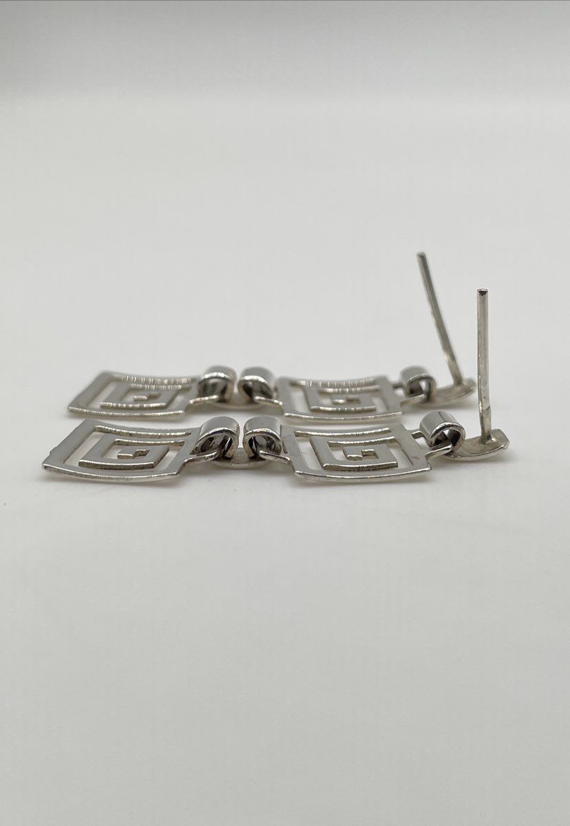 925 Sterling Silver Greek Key Meander Dangle Earrings 2.6g