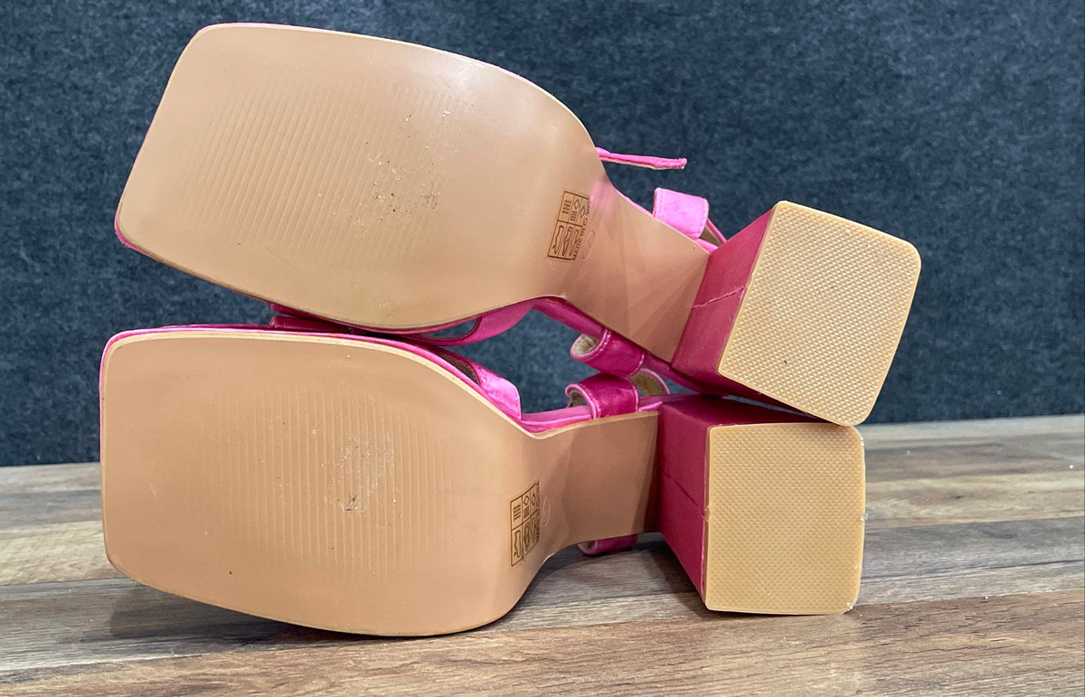Shein Pink Satin Platform Block Heel Square Toe Sandals Size 7