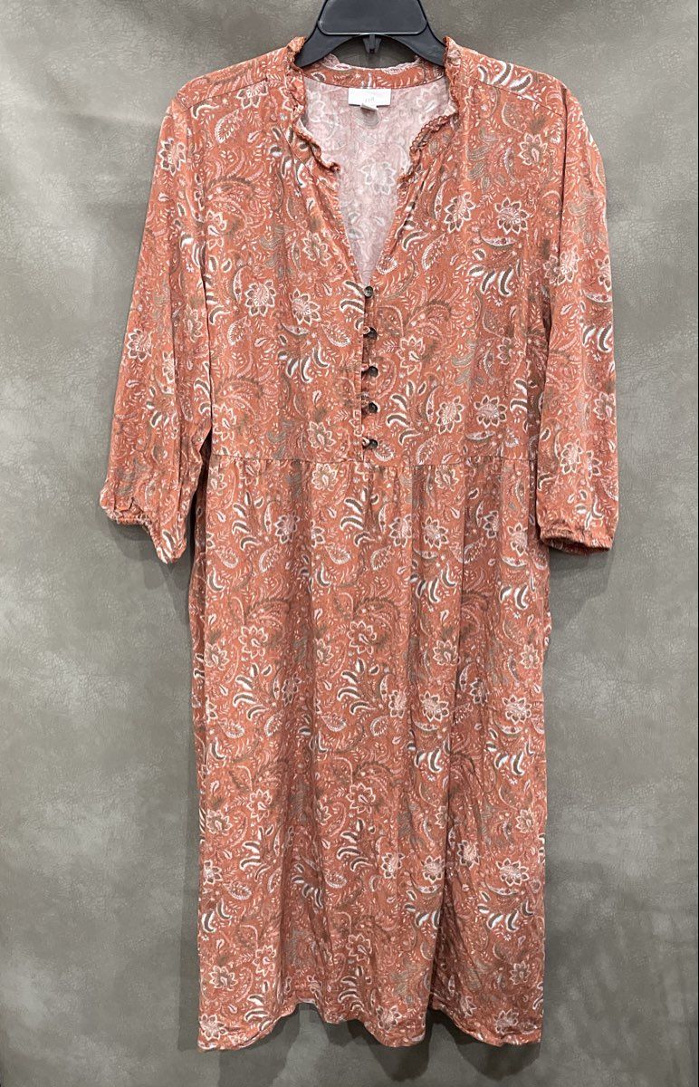J. Jill Women's Pink Terracotta Floral Paisley Rayon Ruffle Neck Dress Sz L