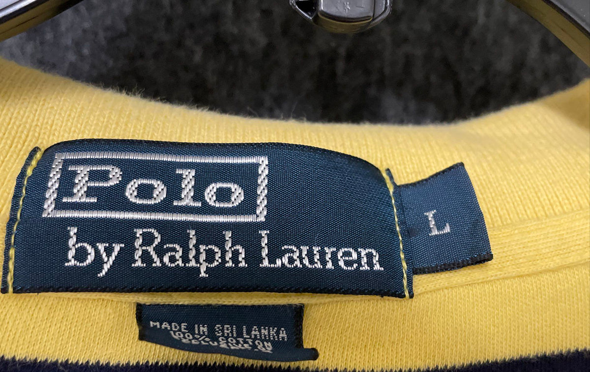 Polo Ralph Lauren Men's Polo Shirt Yellow Navy Blue Striped Cotton Sz L