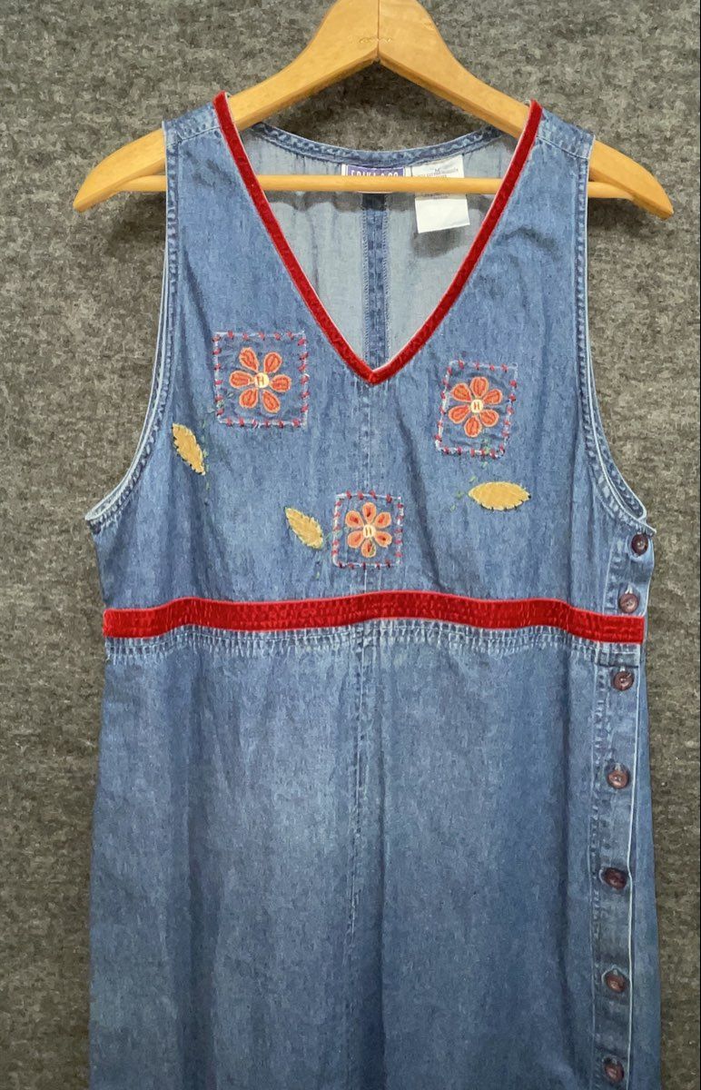 Erika & Co Women's Vintage 90s Denim Maxi Jumper Dress Blue Floral Red Trim Sz M