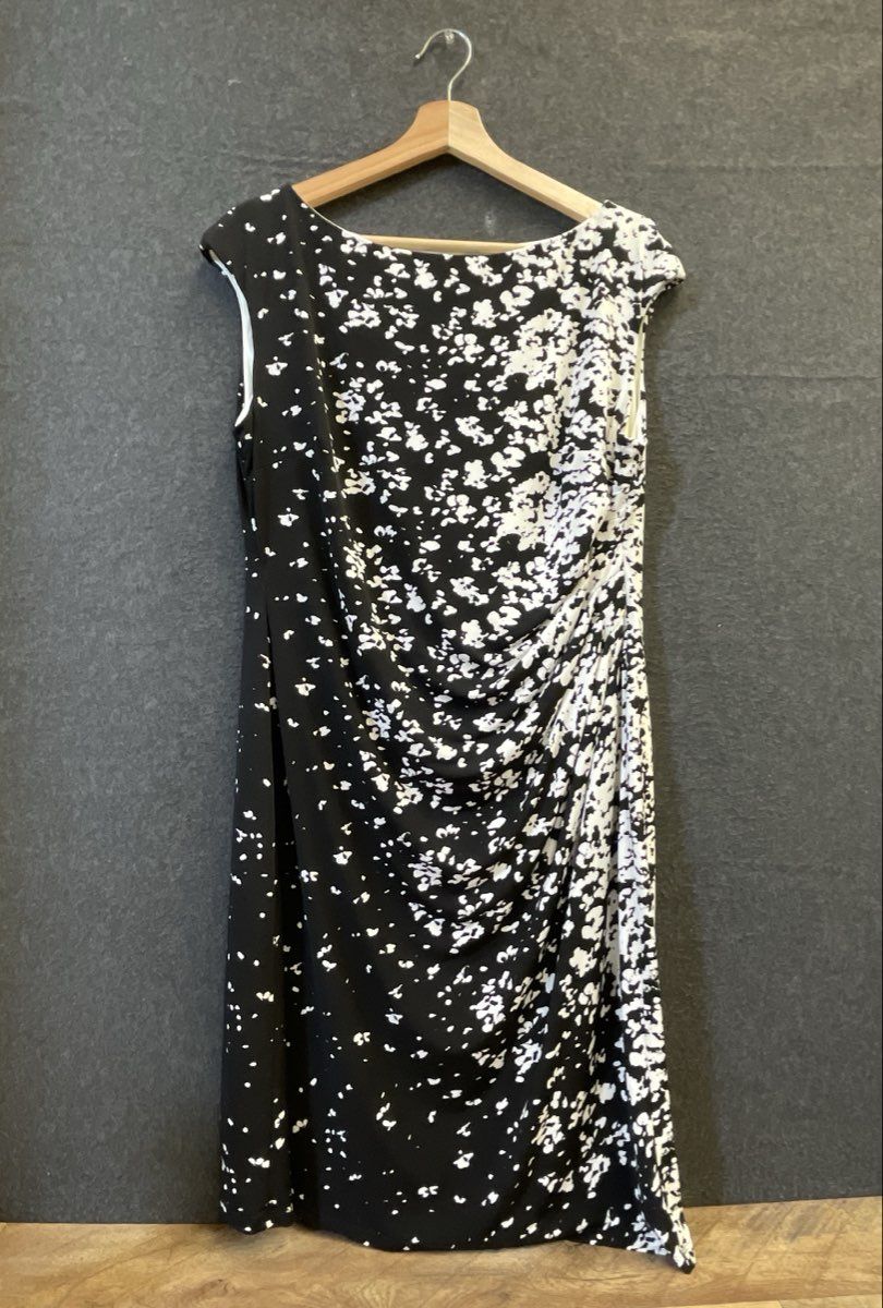 Chaps Women's Black White Abstract Ruched Sleeveless Sheath Dress Sz XL