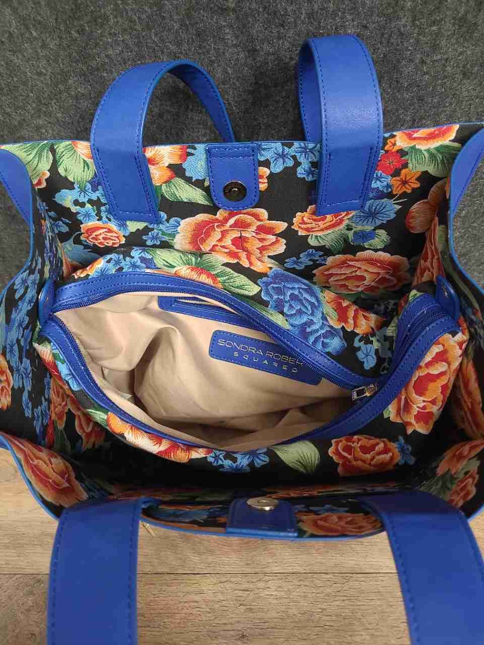 Sondra Roberts Squared Cobalt Blue Faux Leather Tote Bag Floral Lining Tassel