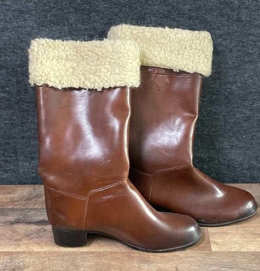 Vintage 70s Brown Sherpa Lined Molded Rain Winter Boots Made in USA Size 10