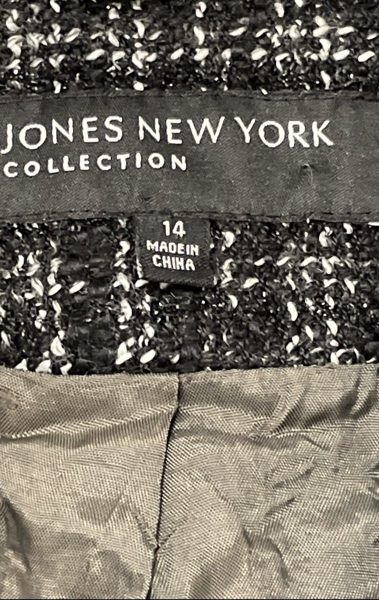 Jones New York Women's Black White Tweed Button Front Blazer Jacket Sz 14