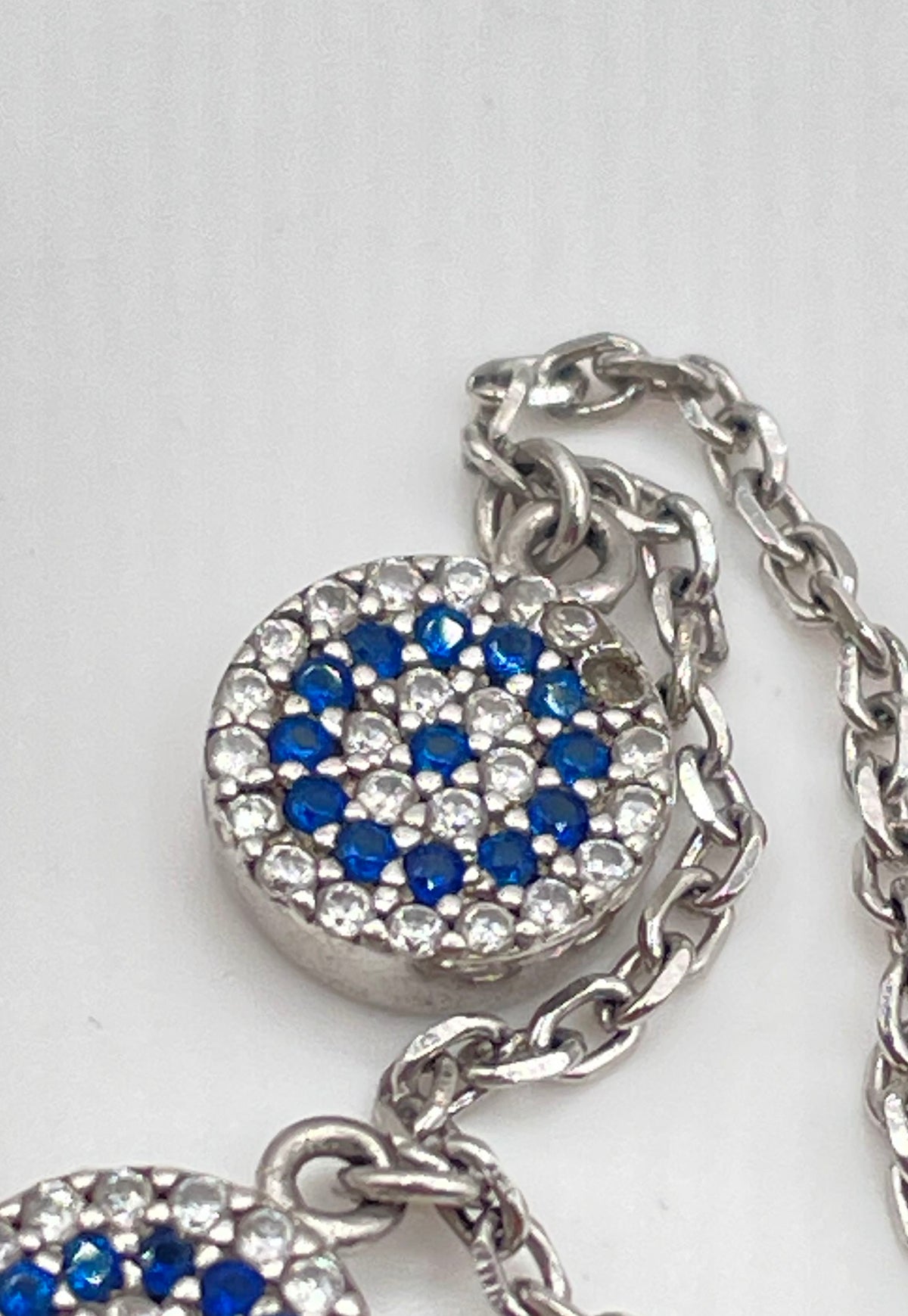 925 Sterling Silver Blue & White CZ Evil Eye Charm Link Bracelet 5.6g