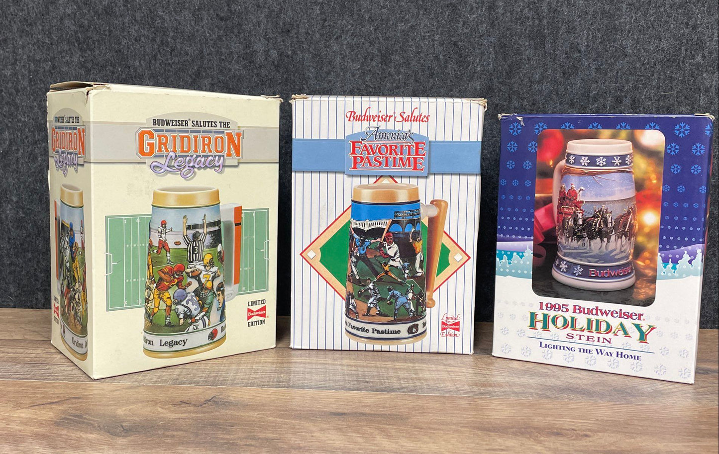 Lot of 3 Vintage Budweiser Steins Holiday 1995 Football Baseball w/ Boxes