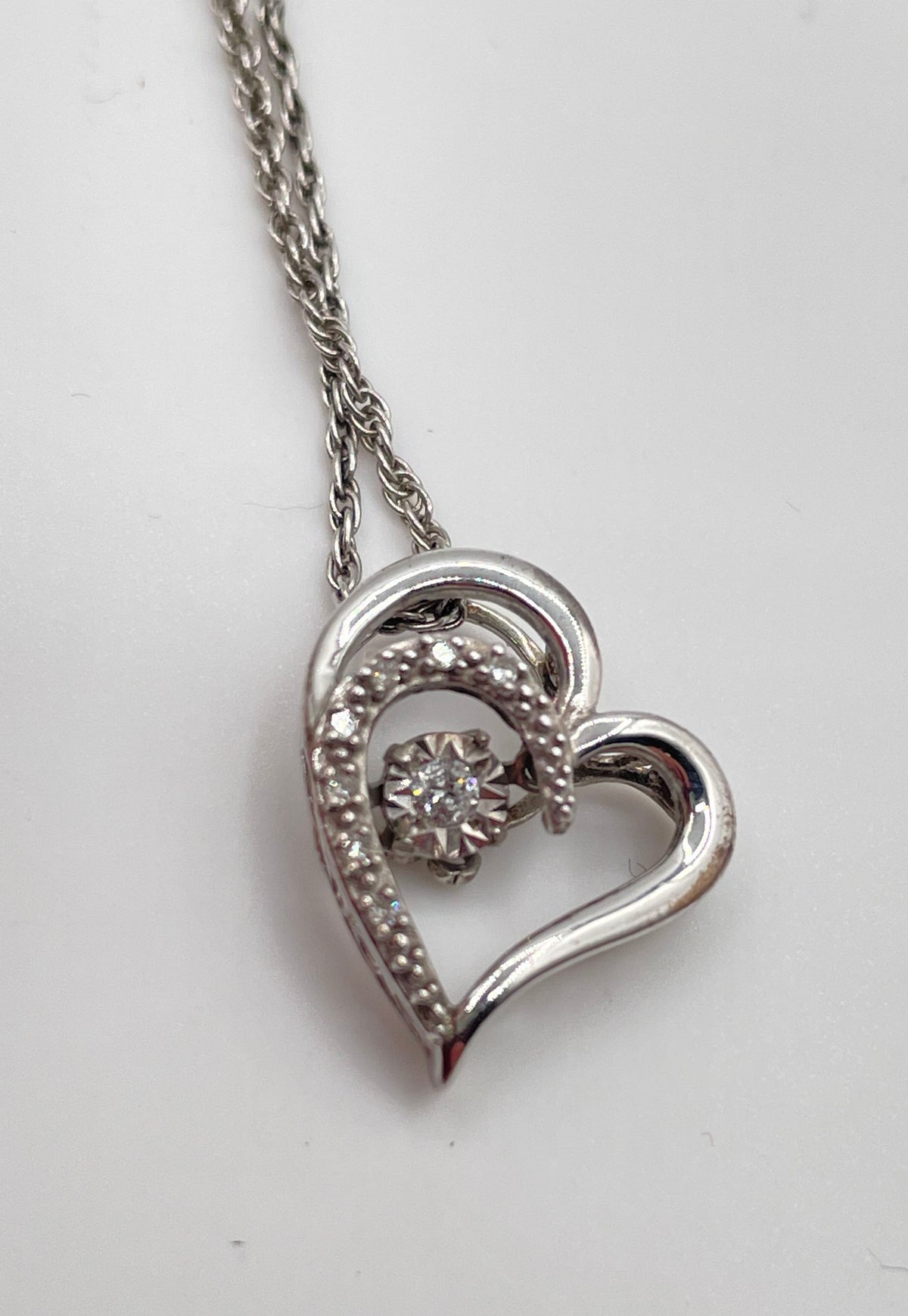 925 Sterling Silver Dancing Diamond Accent Double-Heart Necklace 3.3g
