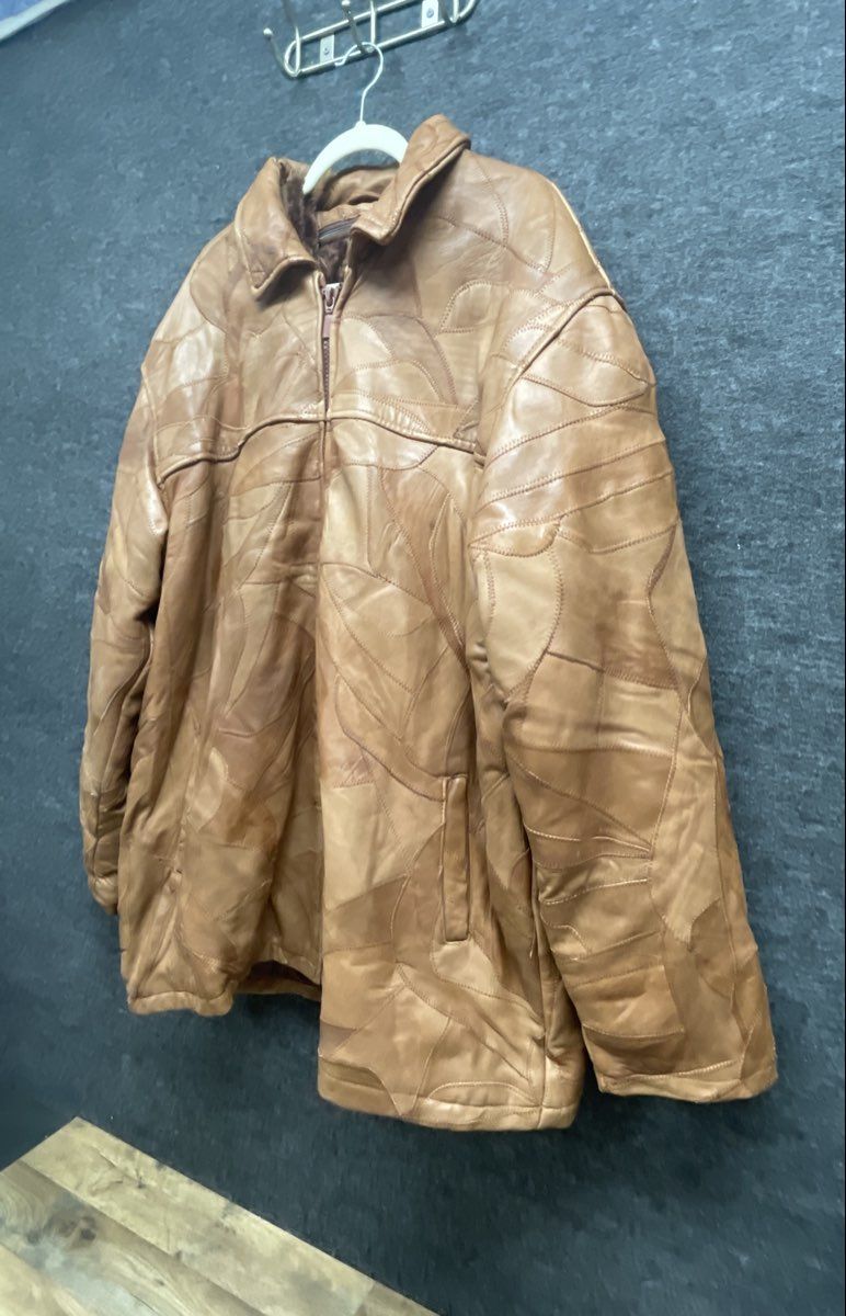 Vintage Legacy Men's Tan Patchwork Leather Full Zip Jacket Faux Fur Lined Sz 4XL