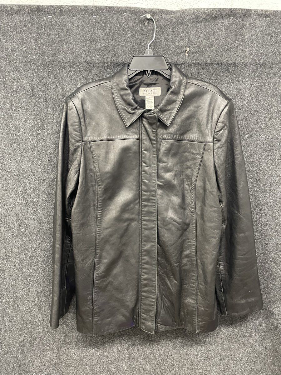 Alfani Women's Black Genuine Leather Zip Front Collared Jacket Size XL