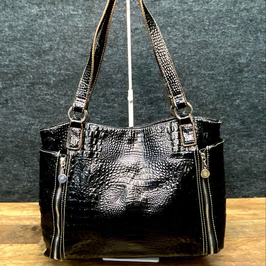 Sag Harbor Black Croc Embossed Faux Leather Tote Shoulder Bag Silver Hardware